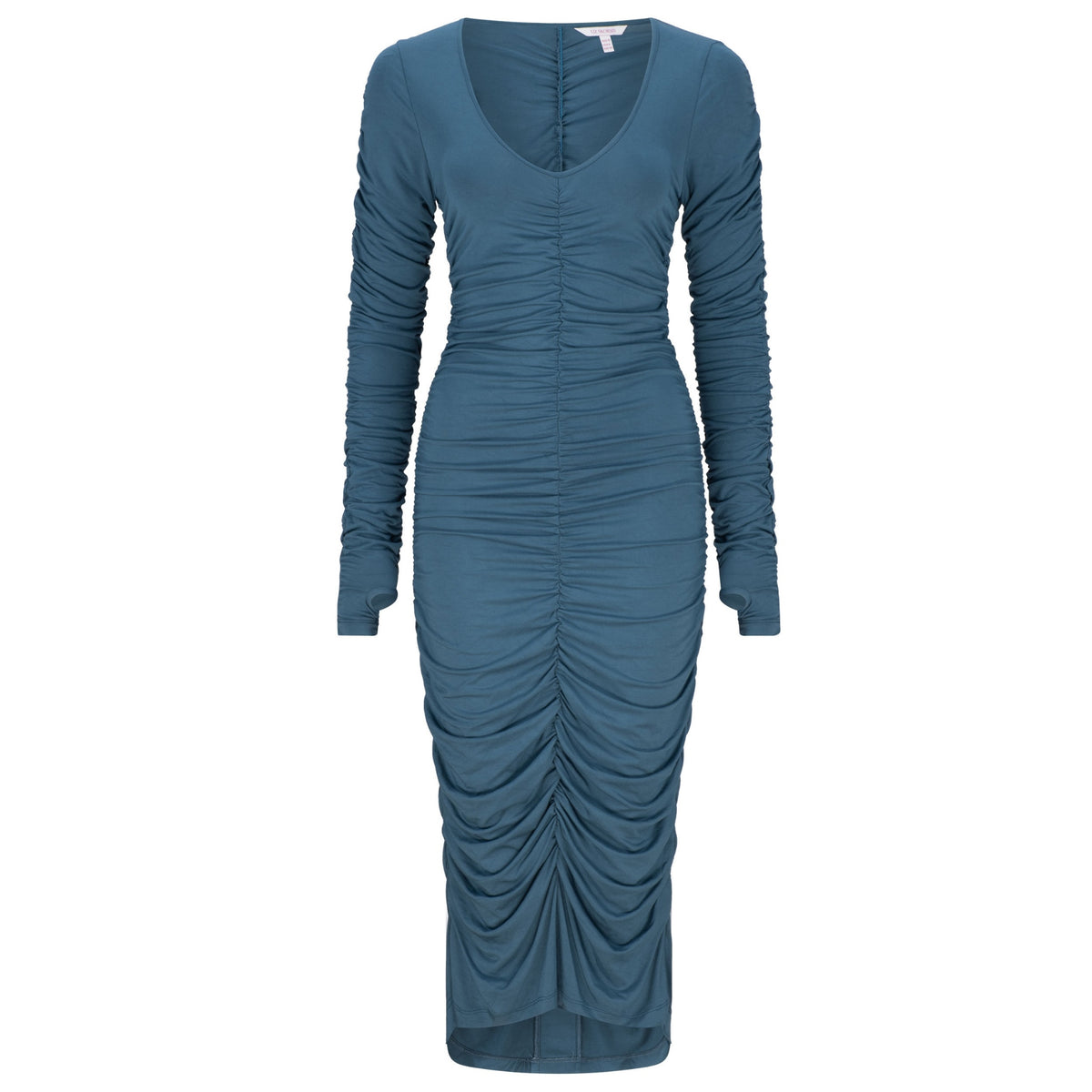 LIZ SKORSIS - Viva Scoop Neck Ruched Dress – River, PR Sample at DOORS NYC PR showroom