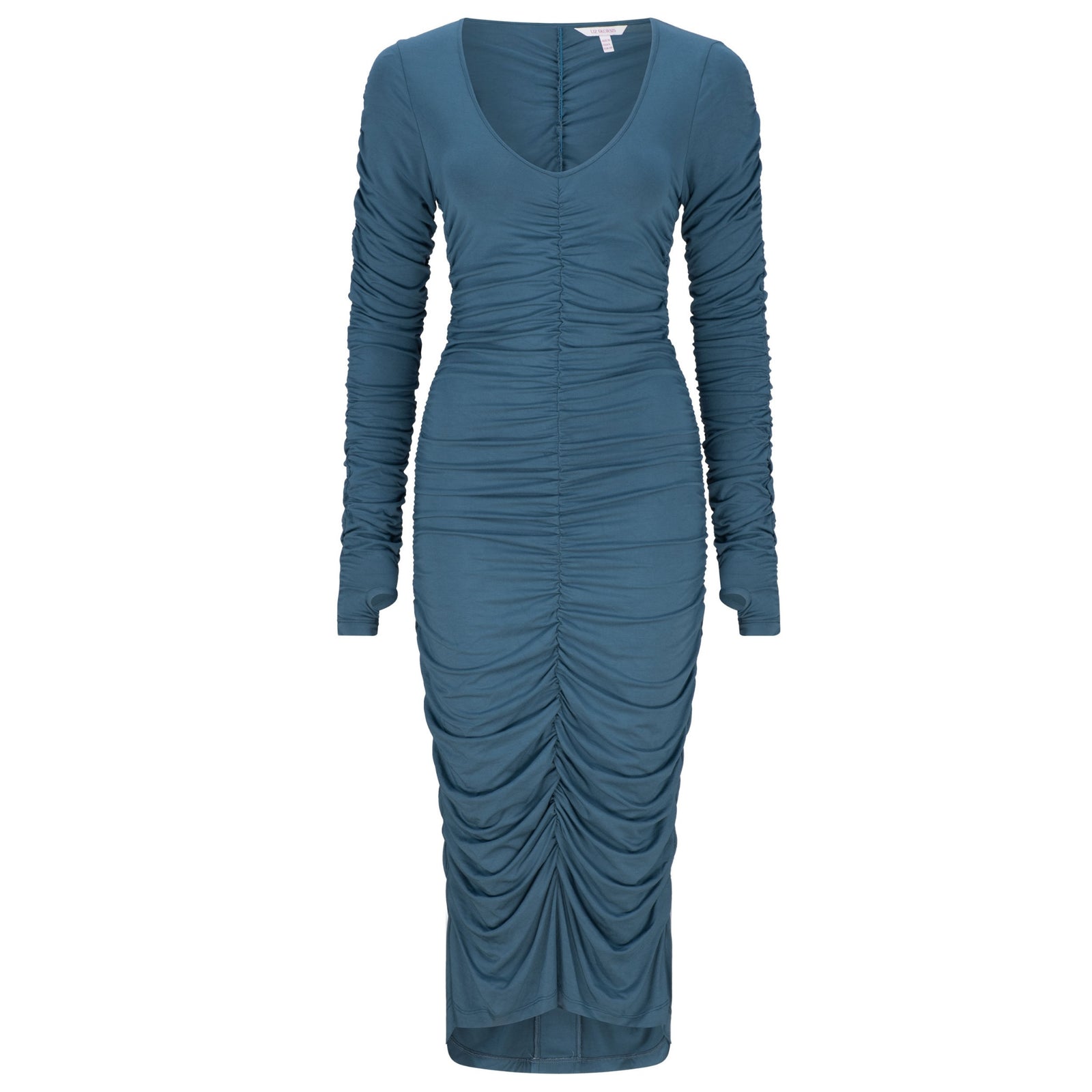 LIZ SKORSIS - Viva Scoop Neck Ruched Dress – River, PR Sample at DOORS NYC PR showroom