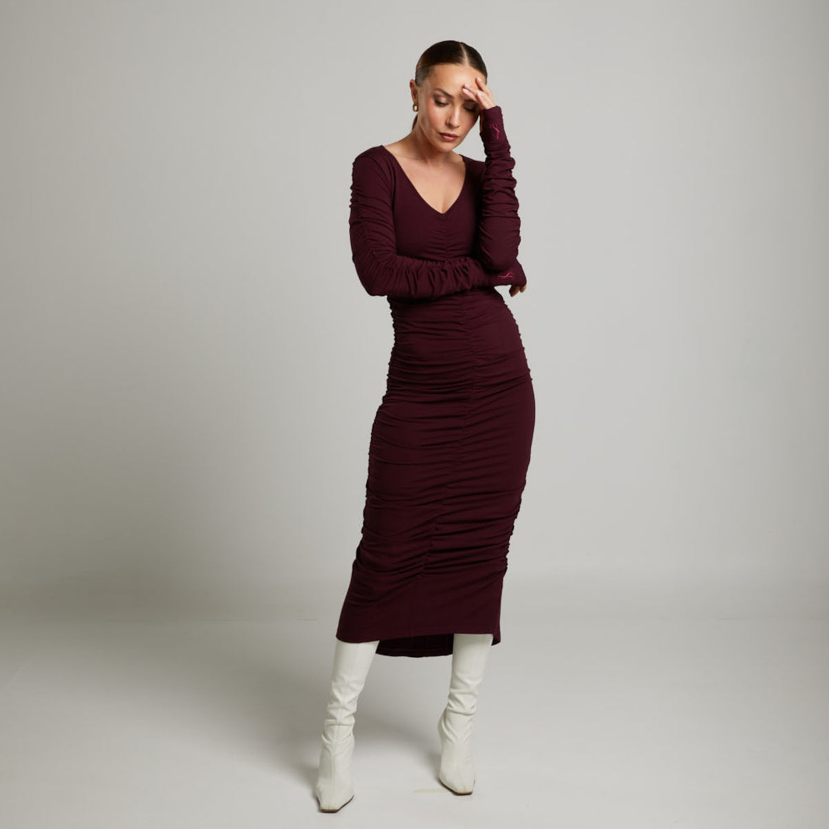 LIZ SKORSIS - Viva Scoop Neck Ruched Dress – Blackberry, PR Sample at DOORS NYC PR showroom