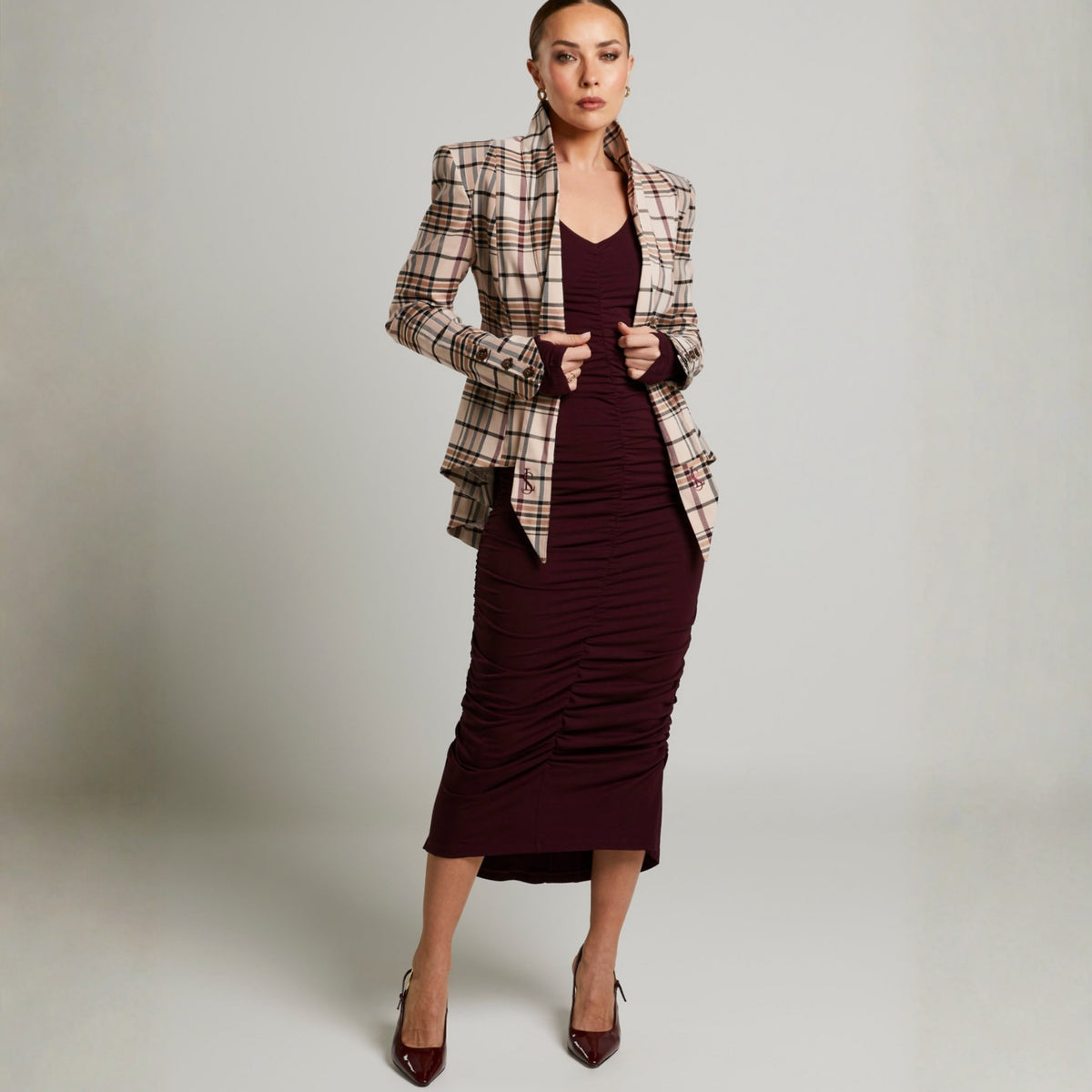 LIZ SKORSIS - Viva Scoop Neck Ruched Dress – Blackberry, PR Sample at DOORS NYC PR showroom