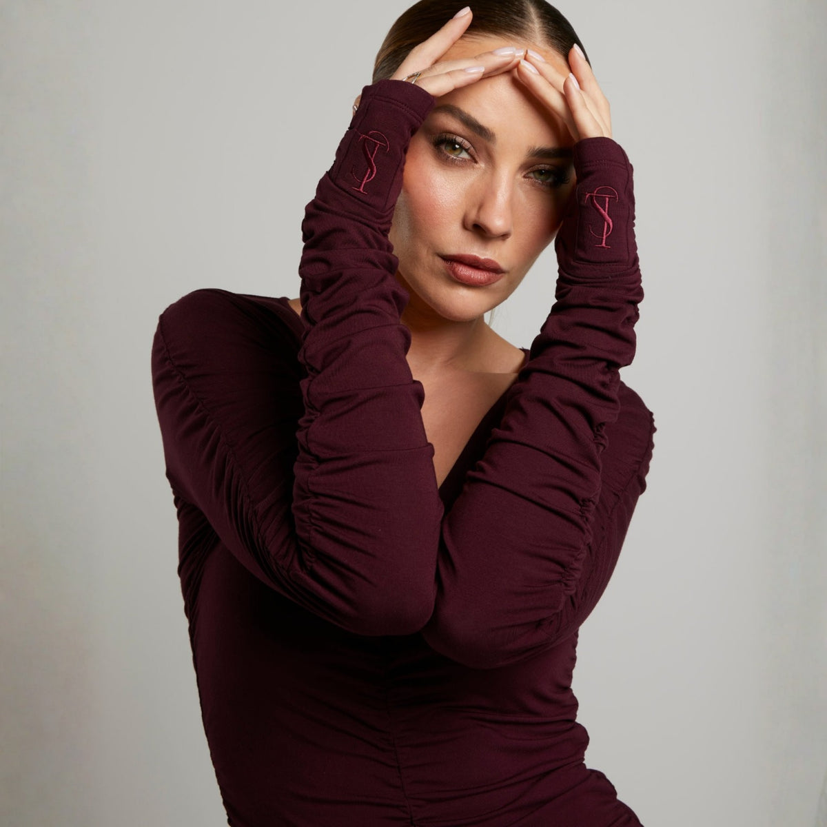 LIZ SKORSIS - Viva Scoop Neck Ruched Dress – Blackberry, PR Sample at DOORS NYC PR showroom