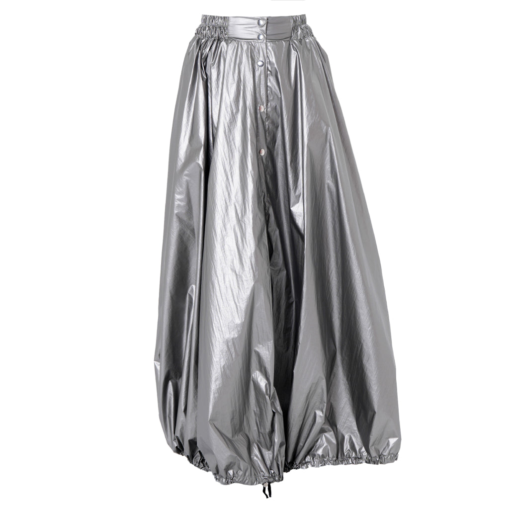 The METAMORPHOZA Voluminous Maxi Skirt with Adjustable Hem in Silver features a high waist, front buttons, elastic gathers, and a dramatic balloon silhouette for an avant-garde look.