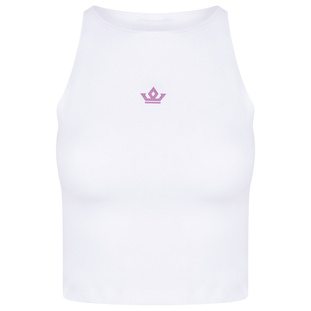 Front view of White/Orchid crop top with Orchid Crown print