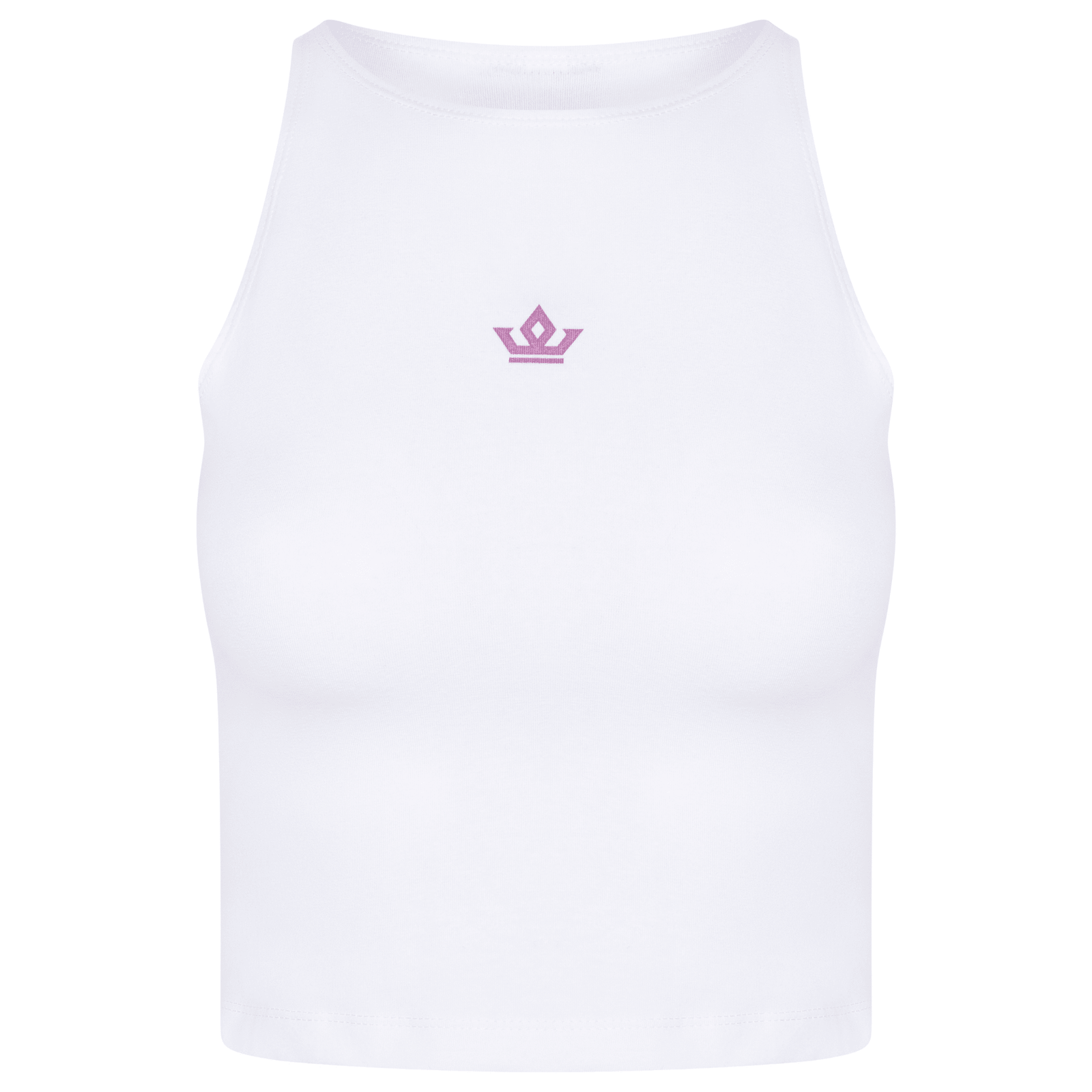 Front view of White/Orchid crop top with Orchid Crown print