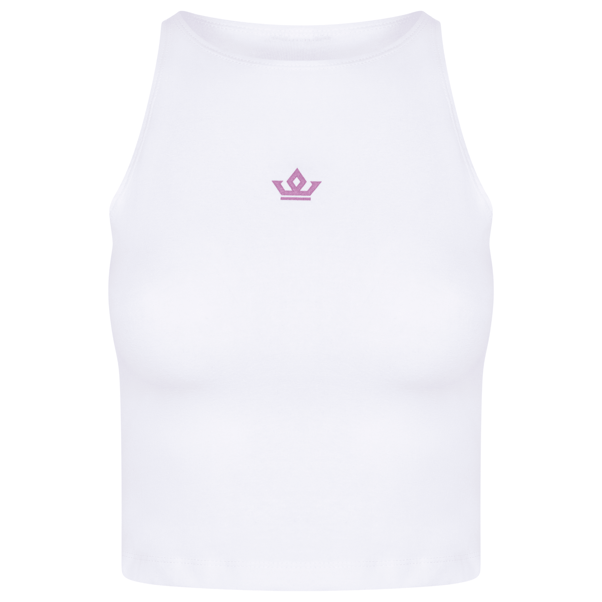 Front view of White/Orchid crop top with Orchid Crown print