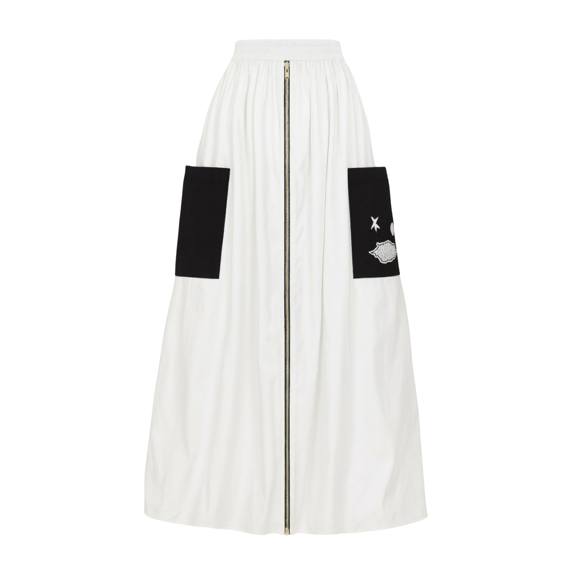 White maxi skirt with black pockets and seashell embroidery by NARCISS
