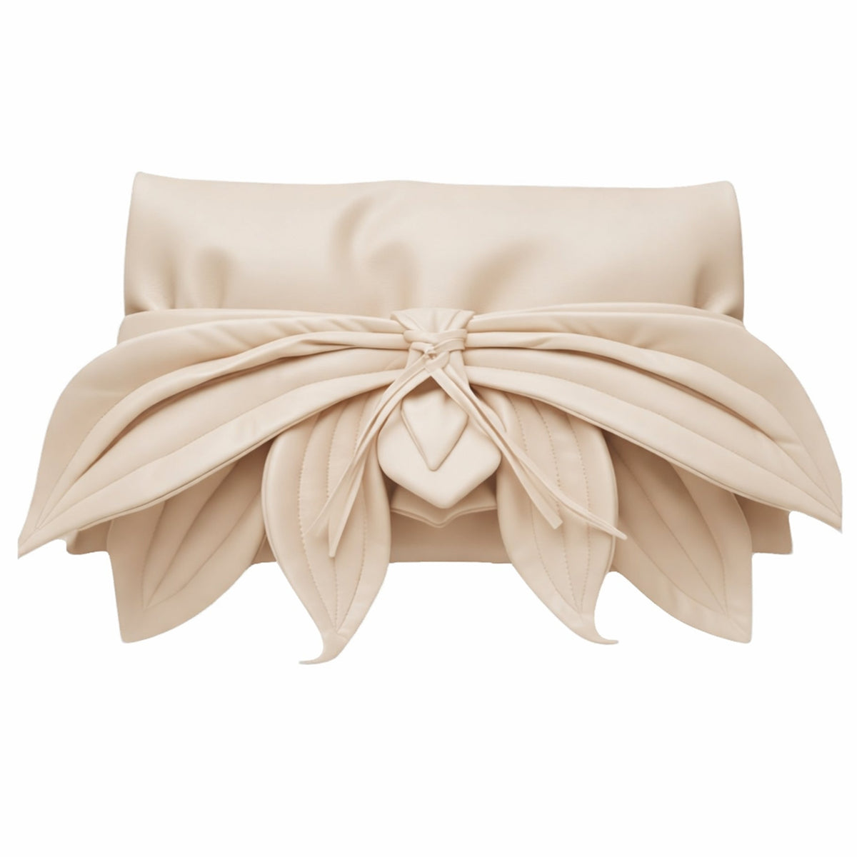 The Petal Faux Leather Evening Clutch Bag in ecru by JULIA ALLERT features layered, petal-inspired folds and stitching that evoke delicate leaves or flowers for an elegant, sculptural look.