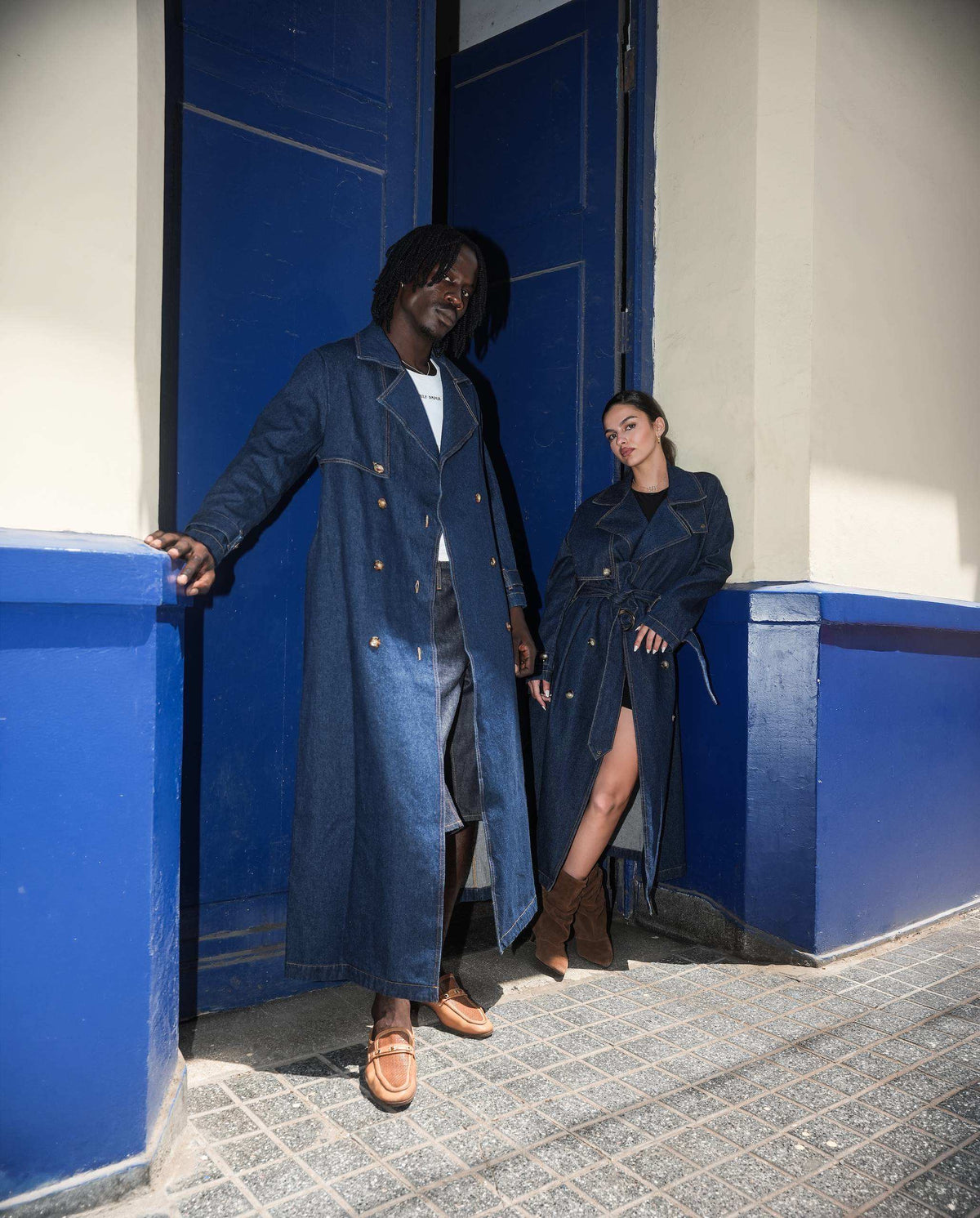 SOEUR &amp; FRÈRES - Dark Blue Belted Denim Trench Coat, worn, buy at DOORS NYC