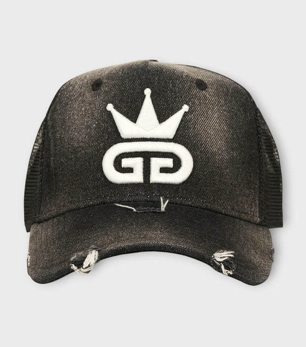 Acid Wash Distressed Black Denim Mesh Hat