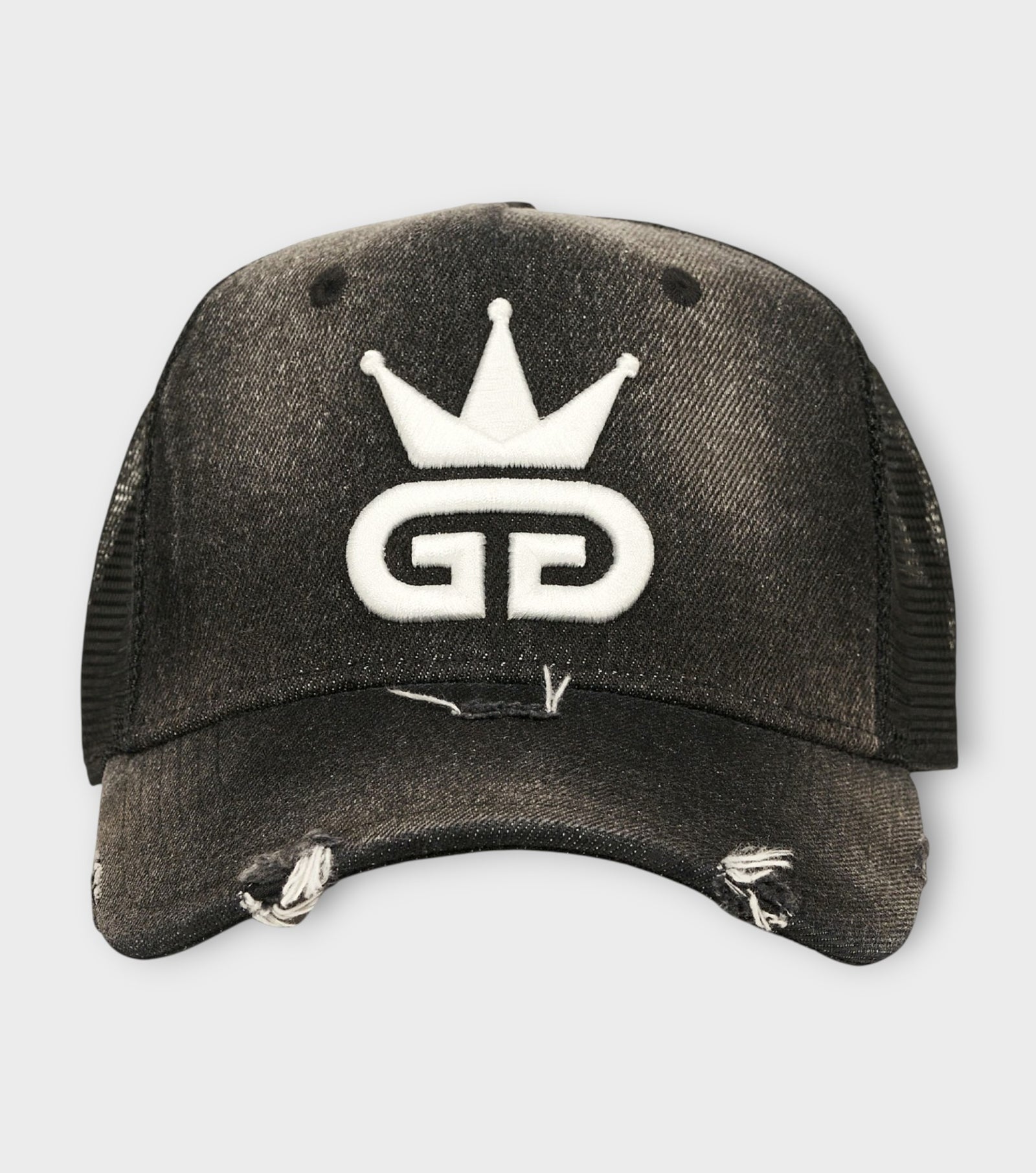Acid Wash Distressed Black Denim Mesh Hat