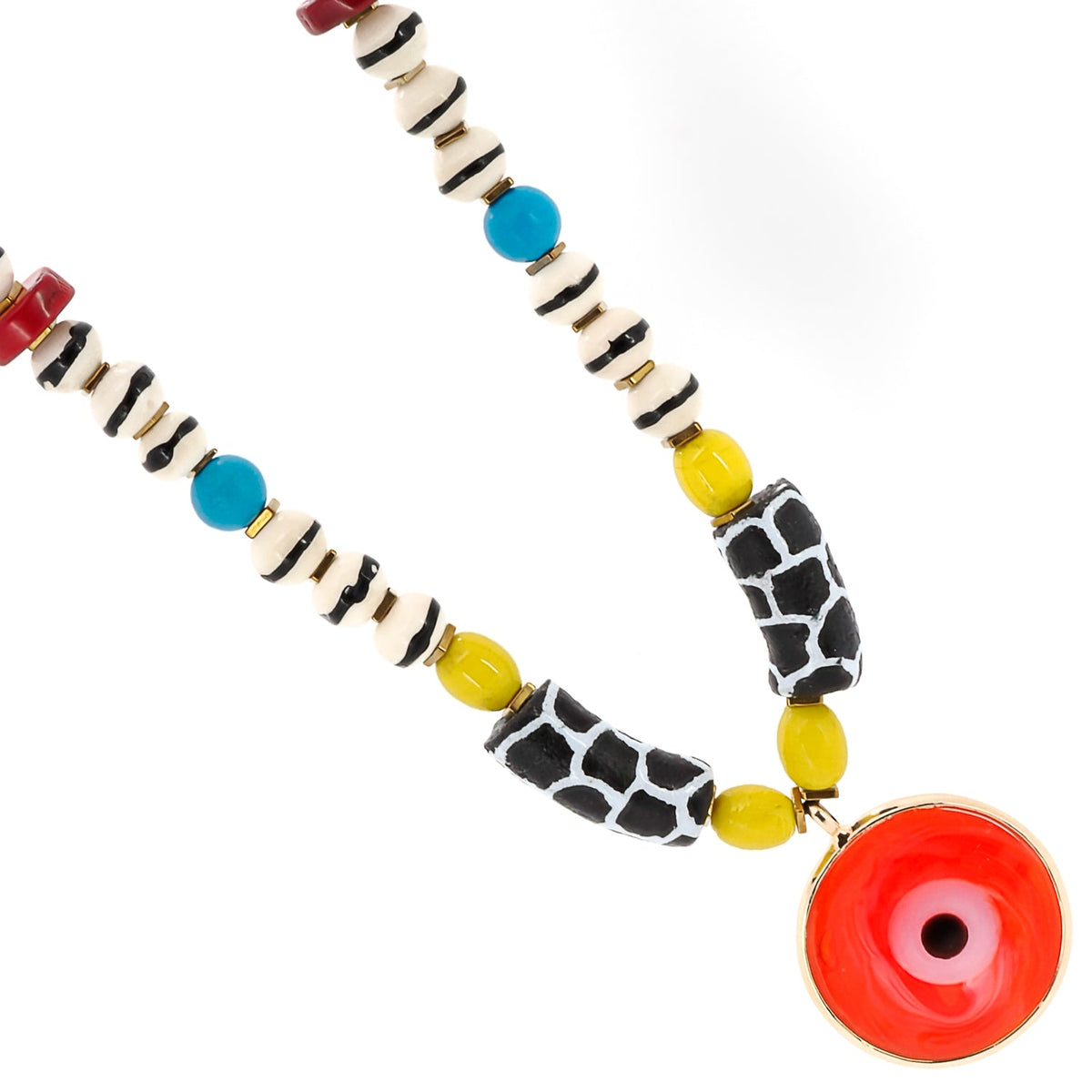 18K gold plated glass evil eye pendant, the centerpiece of the African Yellow Happiness Necklace.