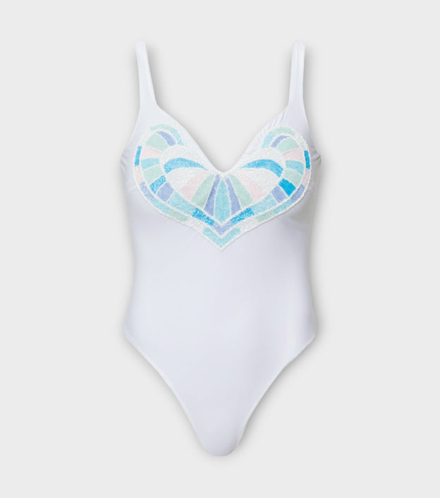 Amor Hand-Beaded Embellished One-Piece Swimsuit  | White