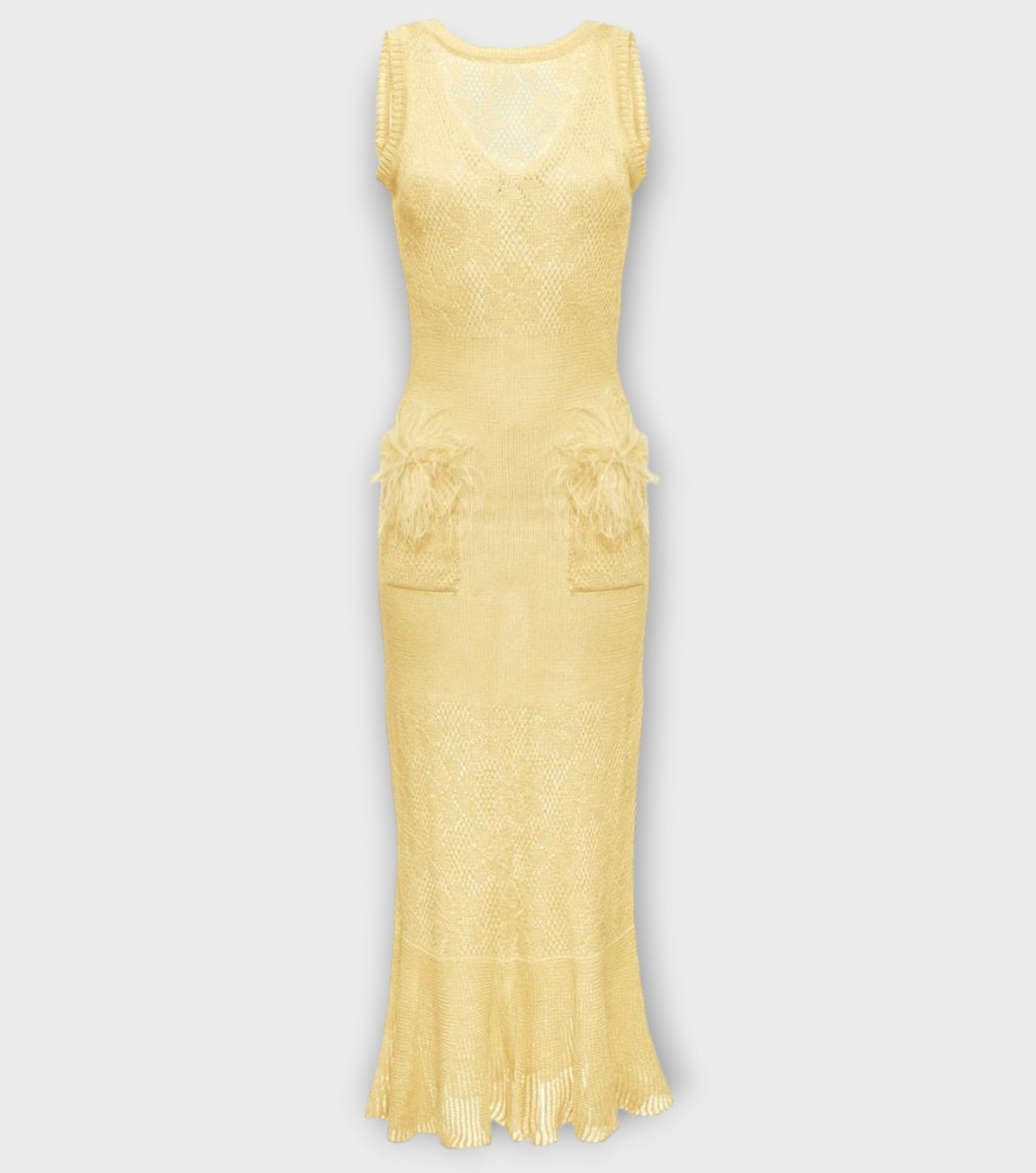 Butter Yellow Knit Dress With Feathers