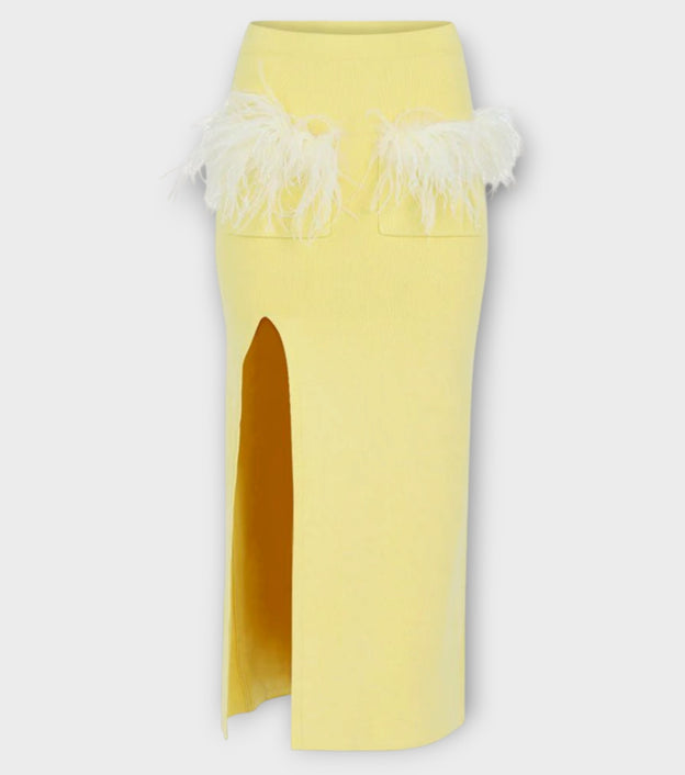 Butter Yellow Vanilla Knit Skirt With Feathers