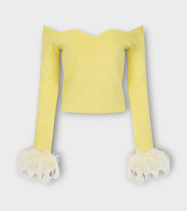 Butter Yellow Vanilla Knit Top With Detachable Feathers Cuffs