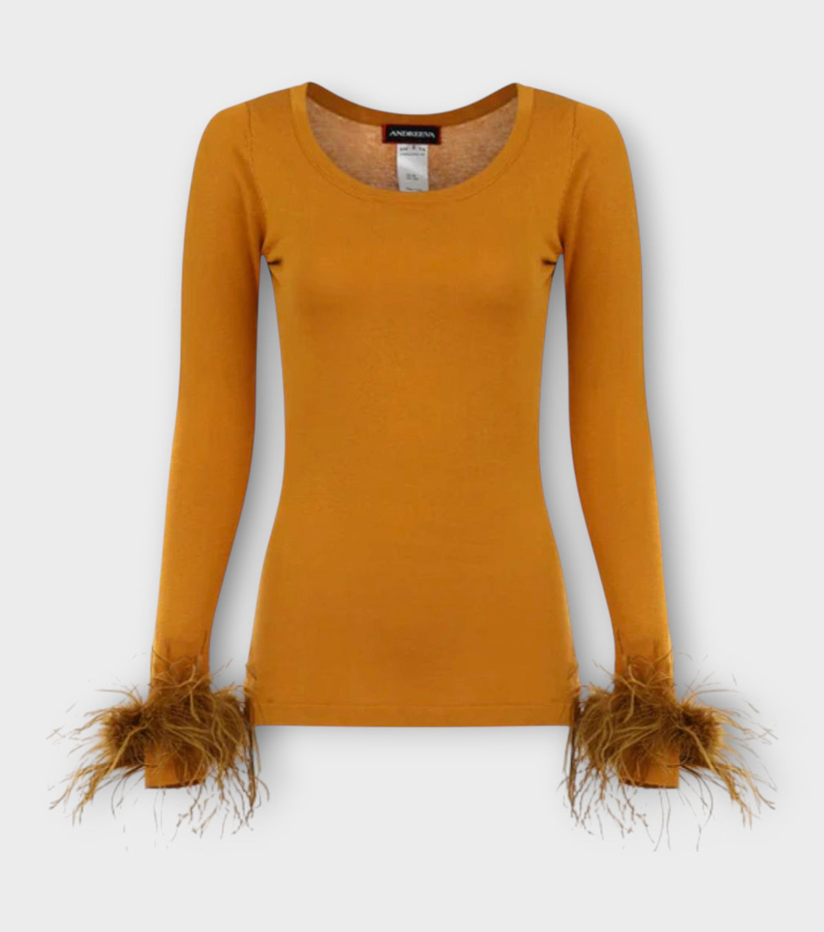 Camel Knit Top With Detachable Feather Cuffs