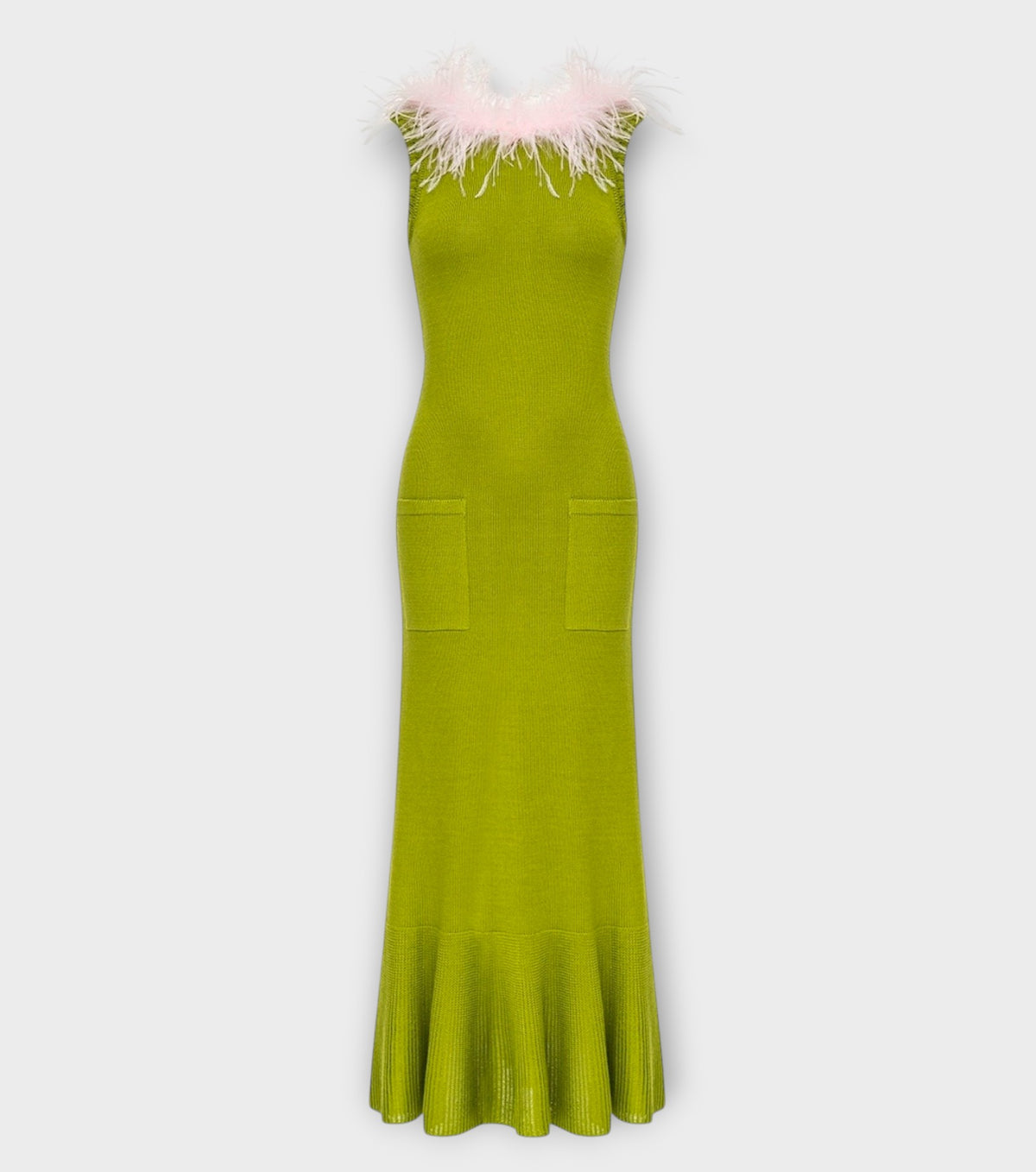 Chrysanthemum Green Knit Dress with Pink Ostrich Feathers