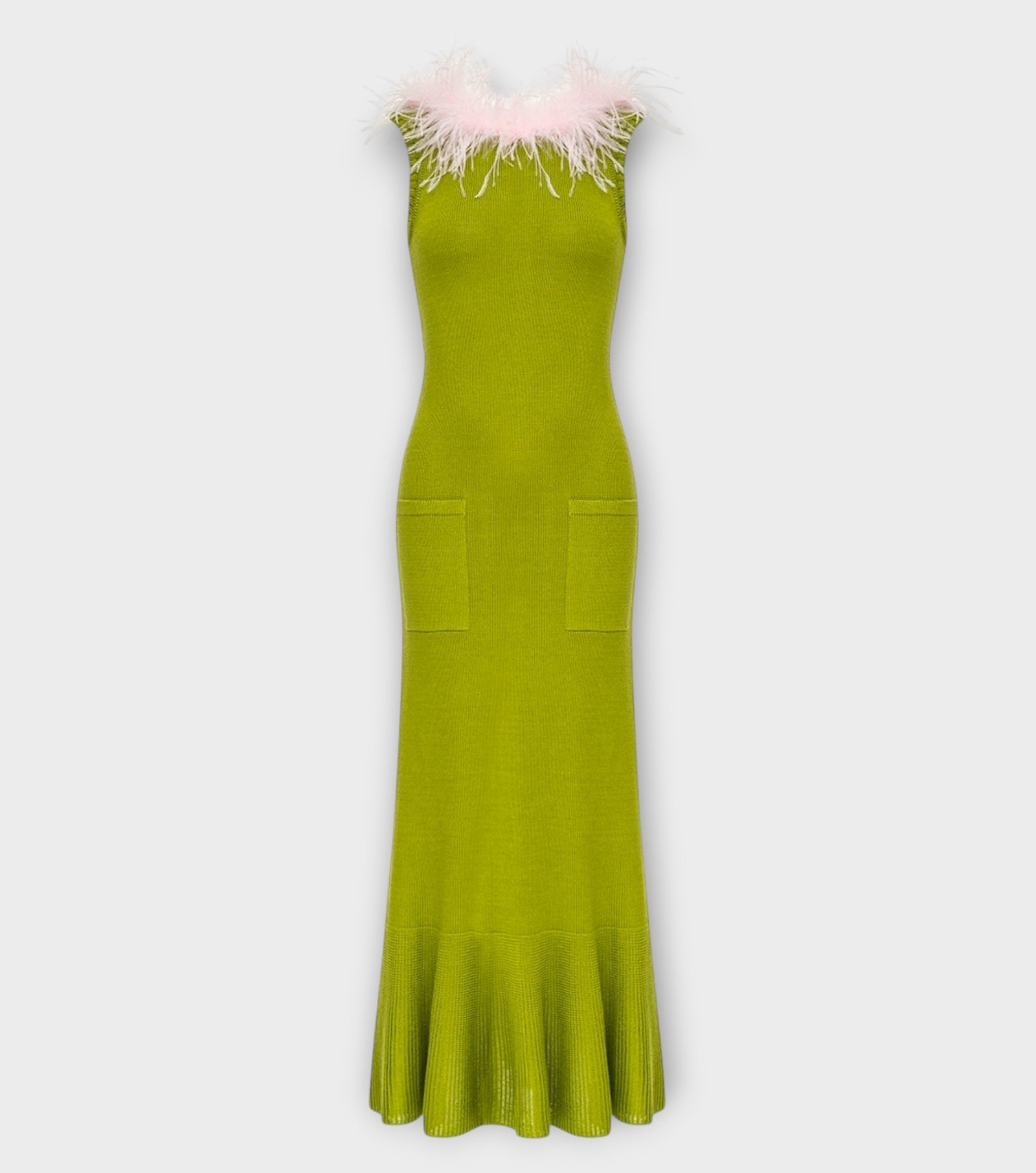 Chrysanthemum Green Knit Dress with Pink Ostrich Feathers