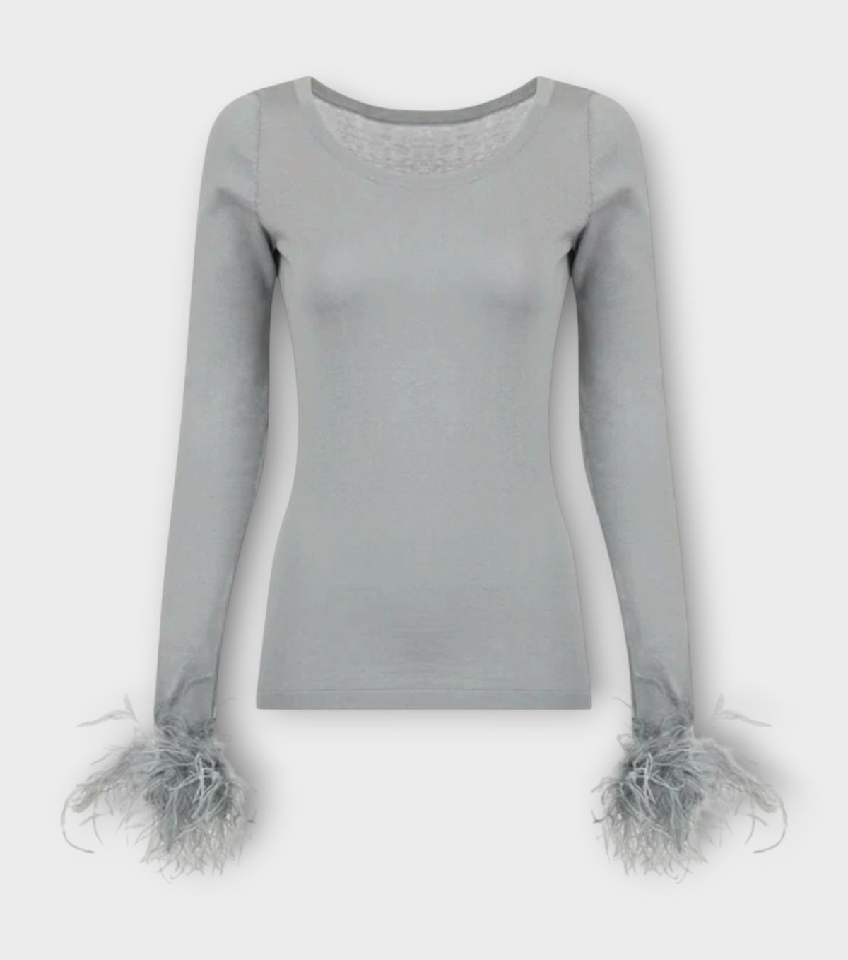 Grey Knit Top With Detachable Feather Cuffs