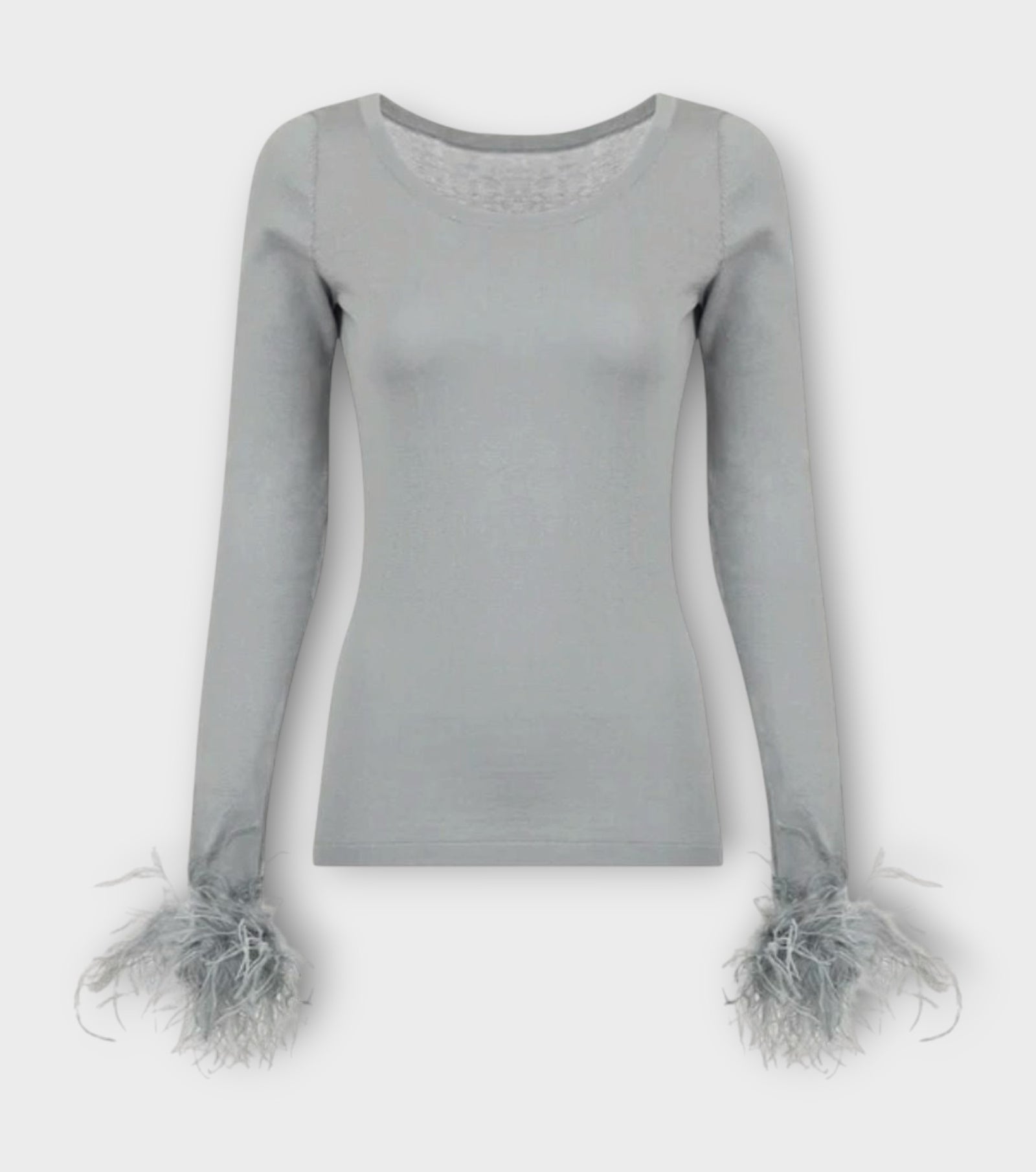 Grey Knit Top With Detachable Feather Cuffs