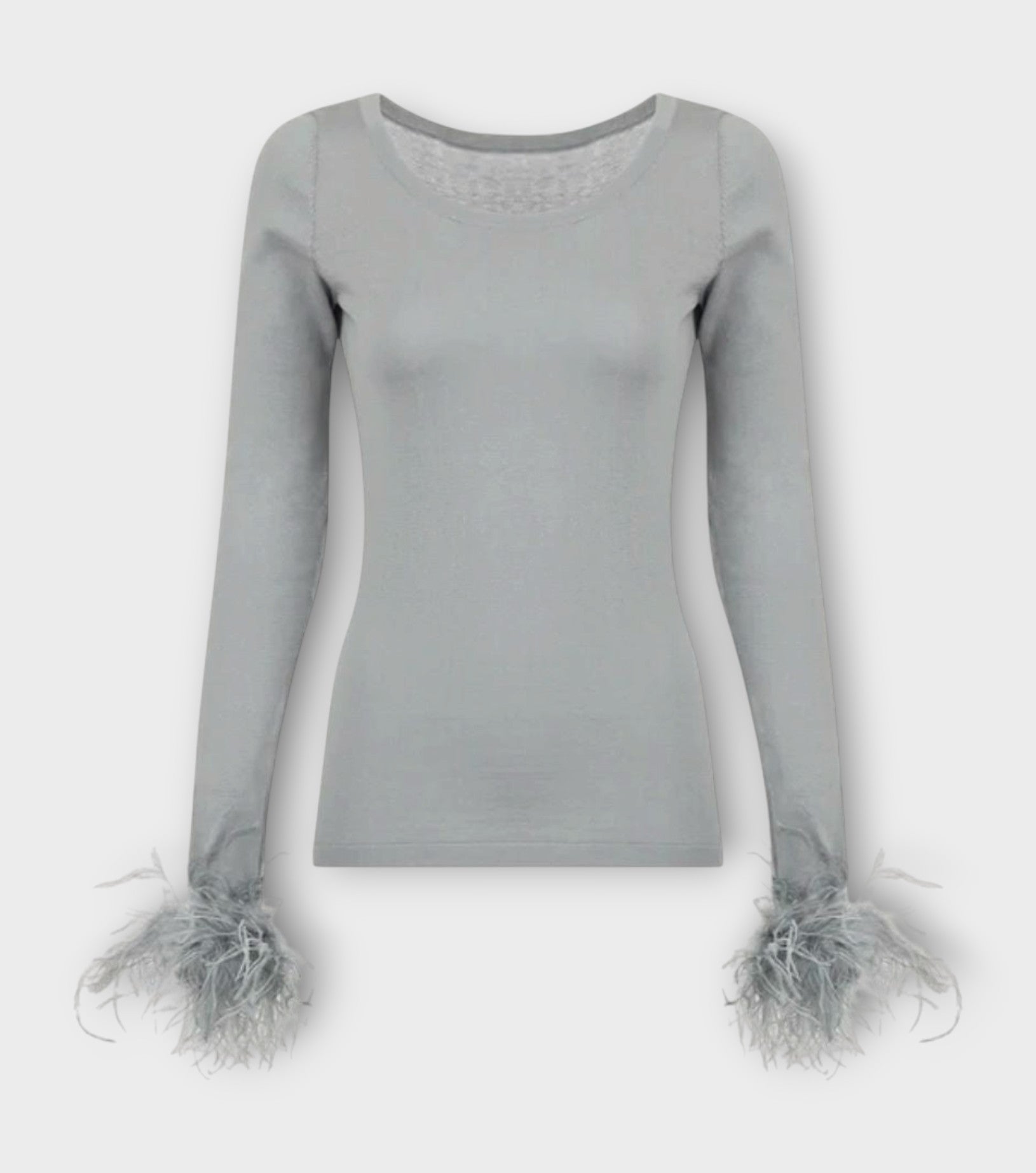 Grey Knit Top With Detachable Feather Cuffs