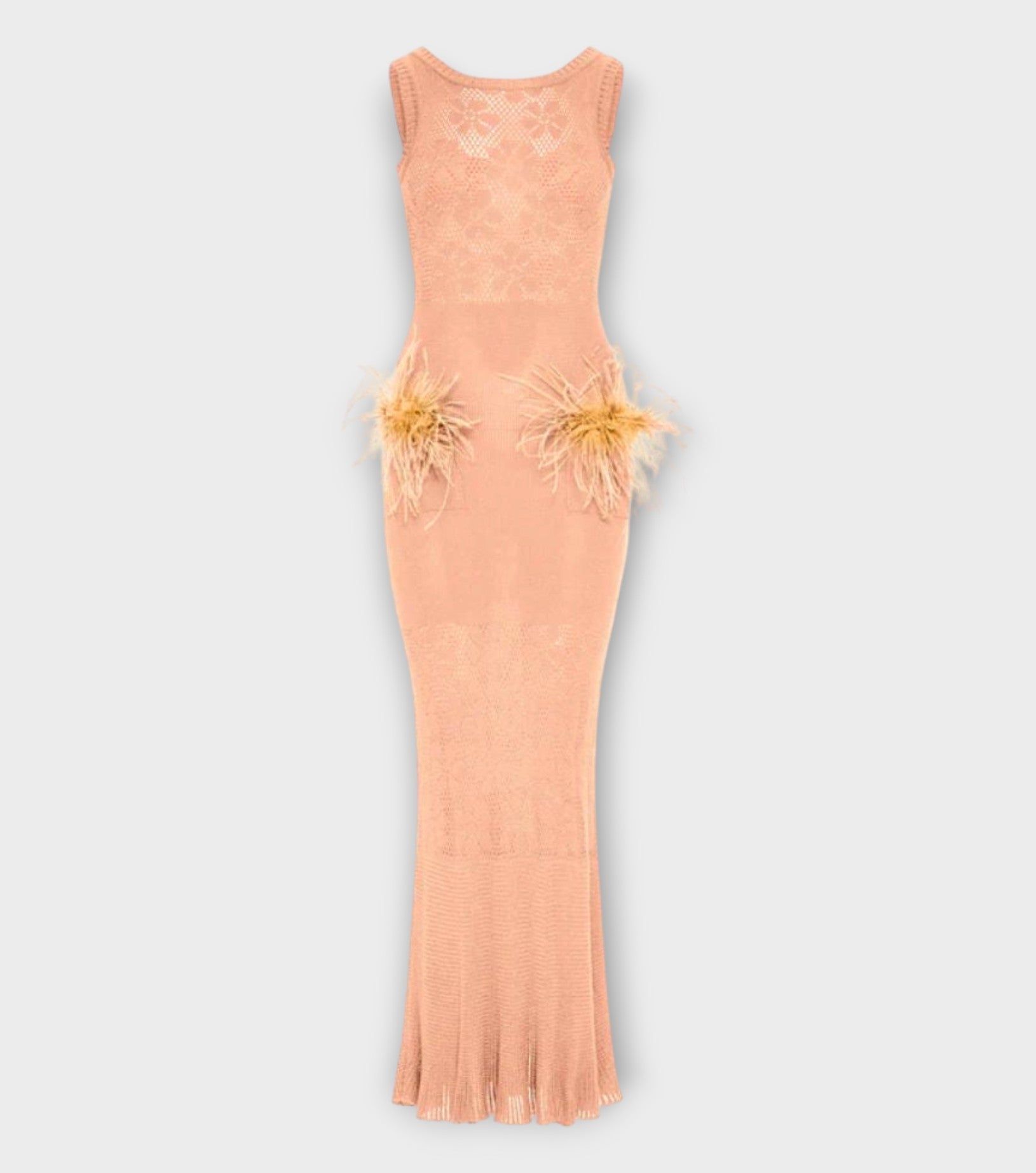 Vanilla Apricot Knit Dress With Feathers