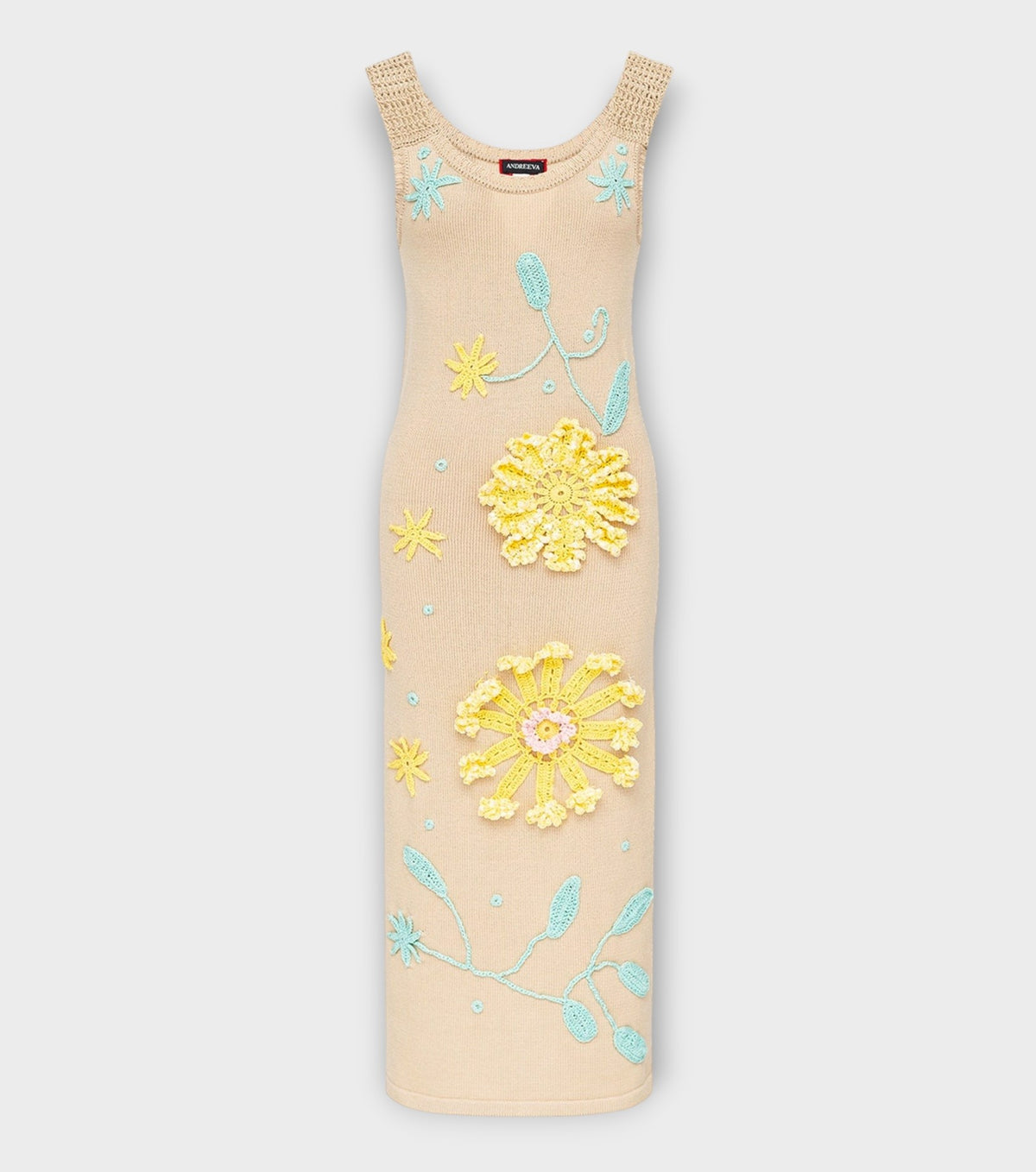 Beige Knit Midi Dress with Yellow &amp; Blue Floral Embroidery