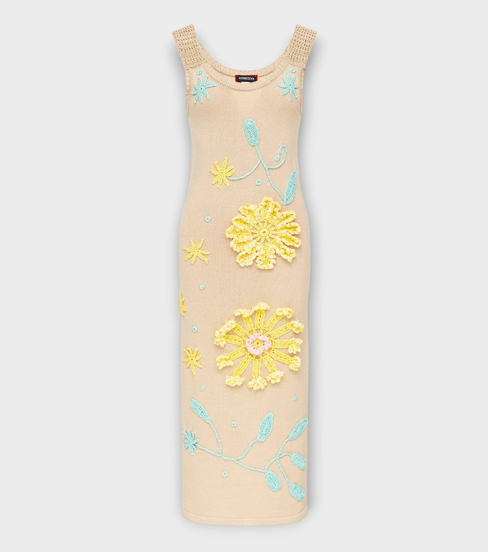 Beige Knit Midi Dress with Yellow & Blue Floral Embroidery
