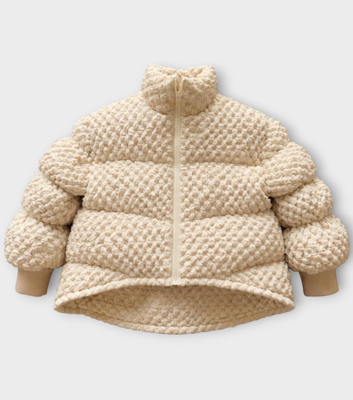 Beige Sculpted COCOON Puffer Jacket in Textured Knit