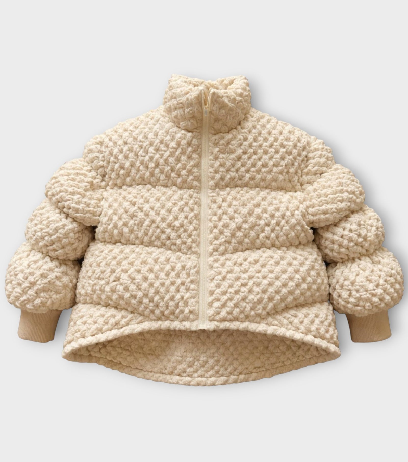 Beige Sculpted COCOON Puffer Jacket in Textured Knit