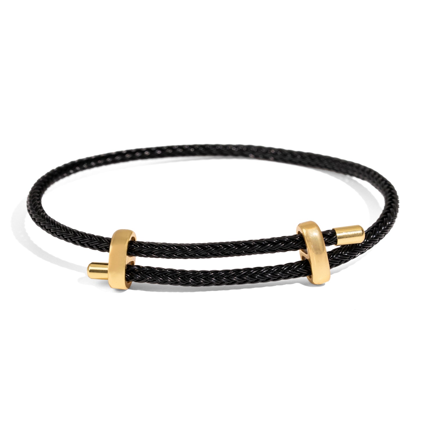 Sleek black braided rope bracelet with 18k gold-plated stainless steel accents and an adjustable closure for a bold, minimalist everyday look.