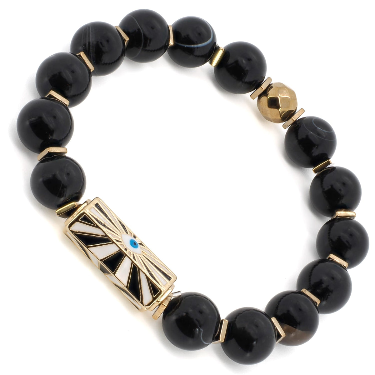 Gold Plated Evil Eye Tube Bead Bracelet with Black Onyx Stones