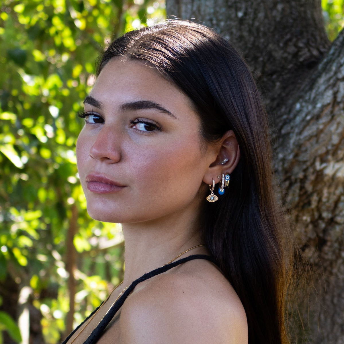 Blue Evil Eye Gold &amp; Diamond Trio Hoop Earring Set