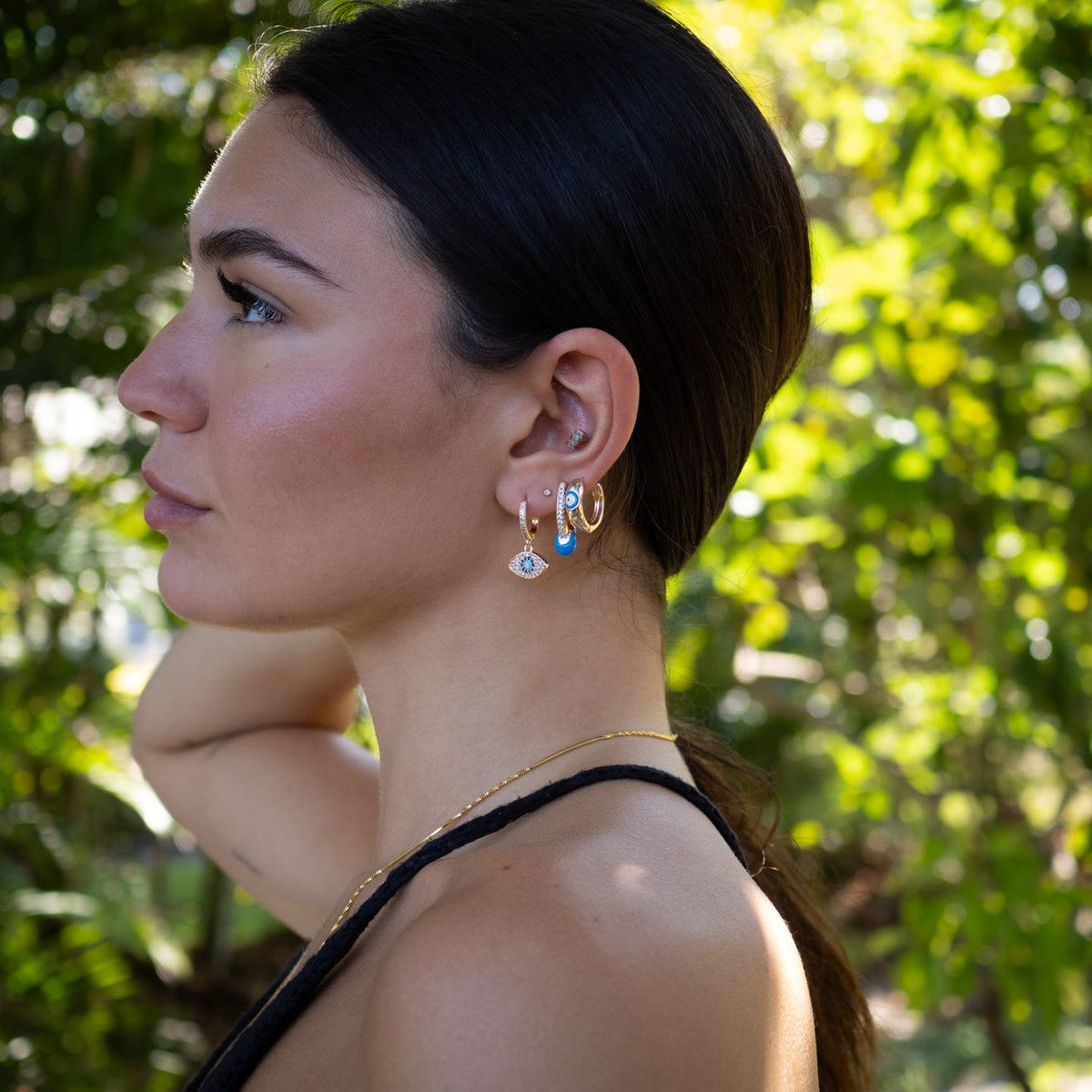 Blue Evil Eye Gold &amp; Diamond Trio Hoop Earring Set