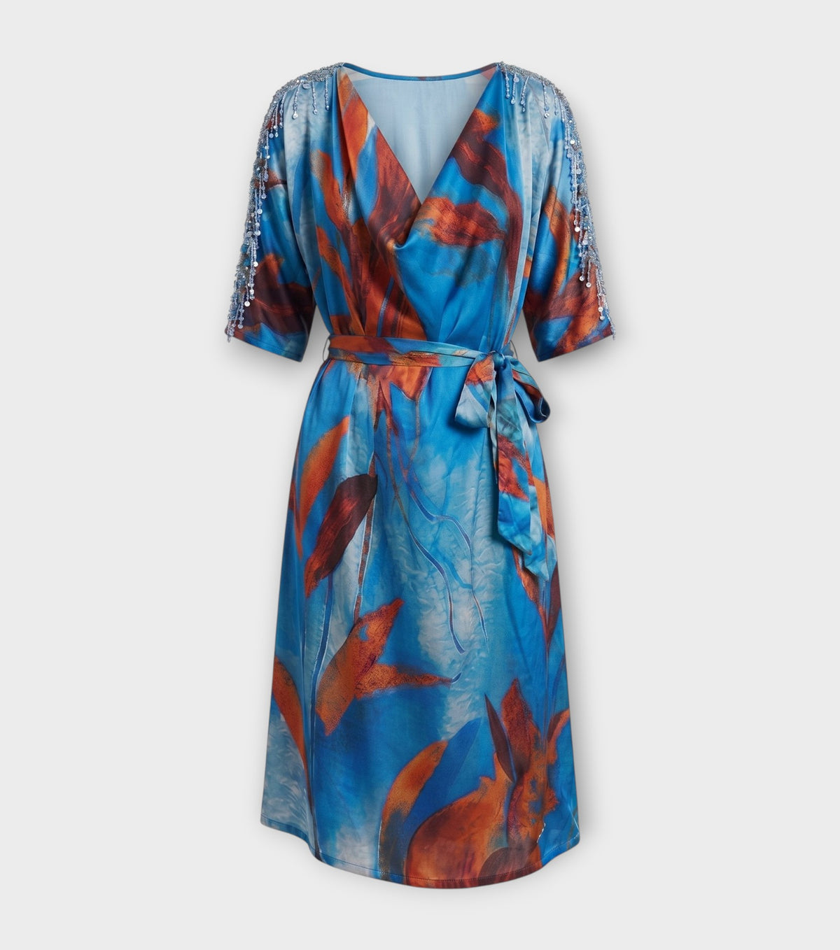 Blue Multicolour Cowl Midi Dress with Sequins