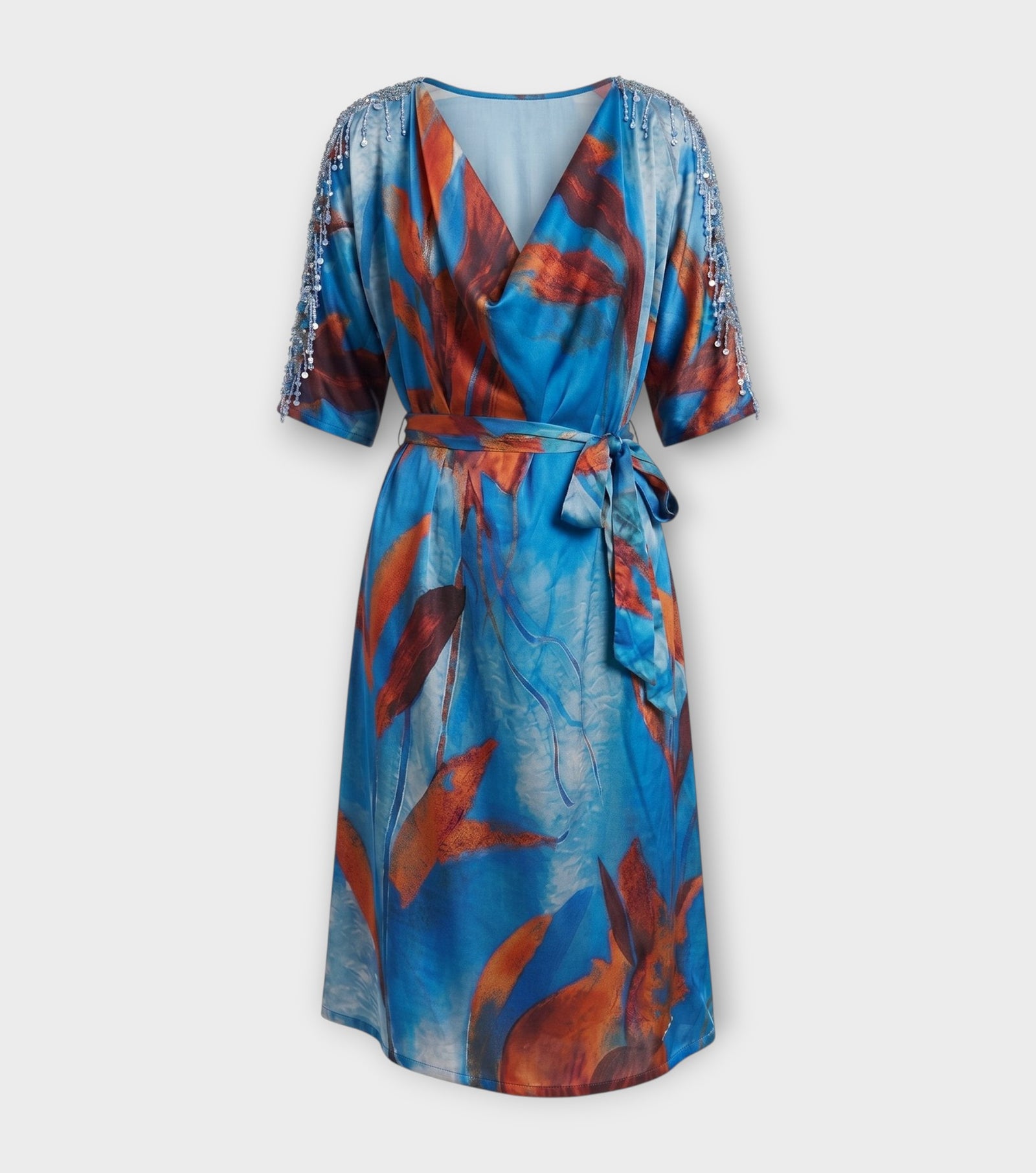Blue Multicolour Cowl Midi Dress with Sequins