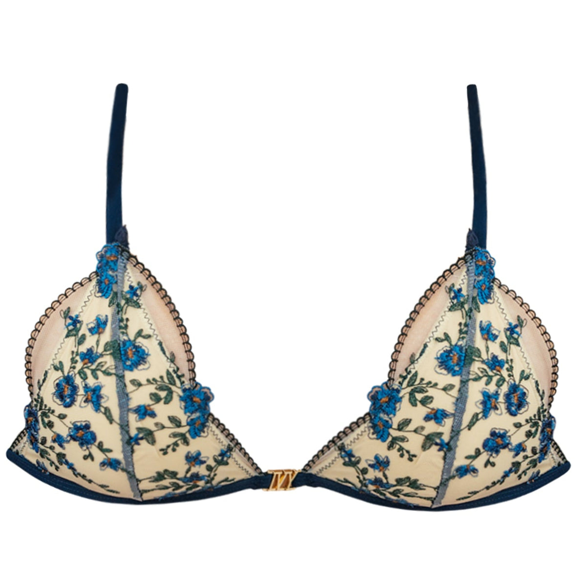 Beige bra with blue floral embroidery on a white background