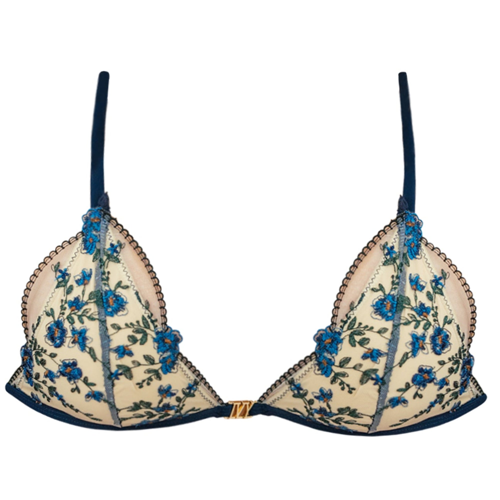 Beige bra with blue floral embroidery on a white background