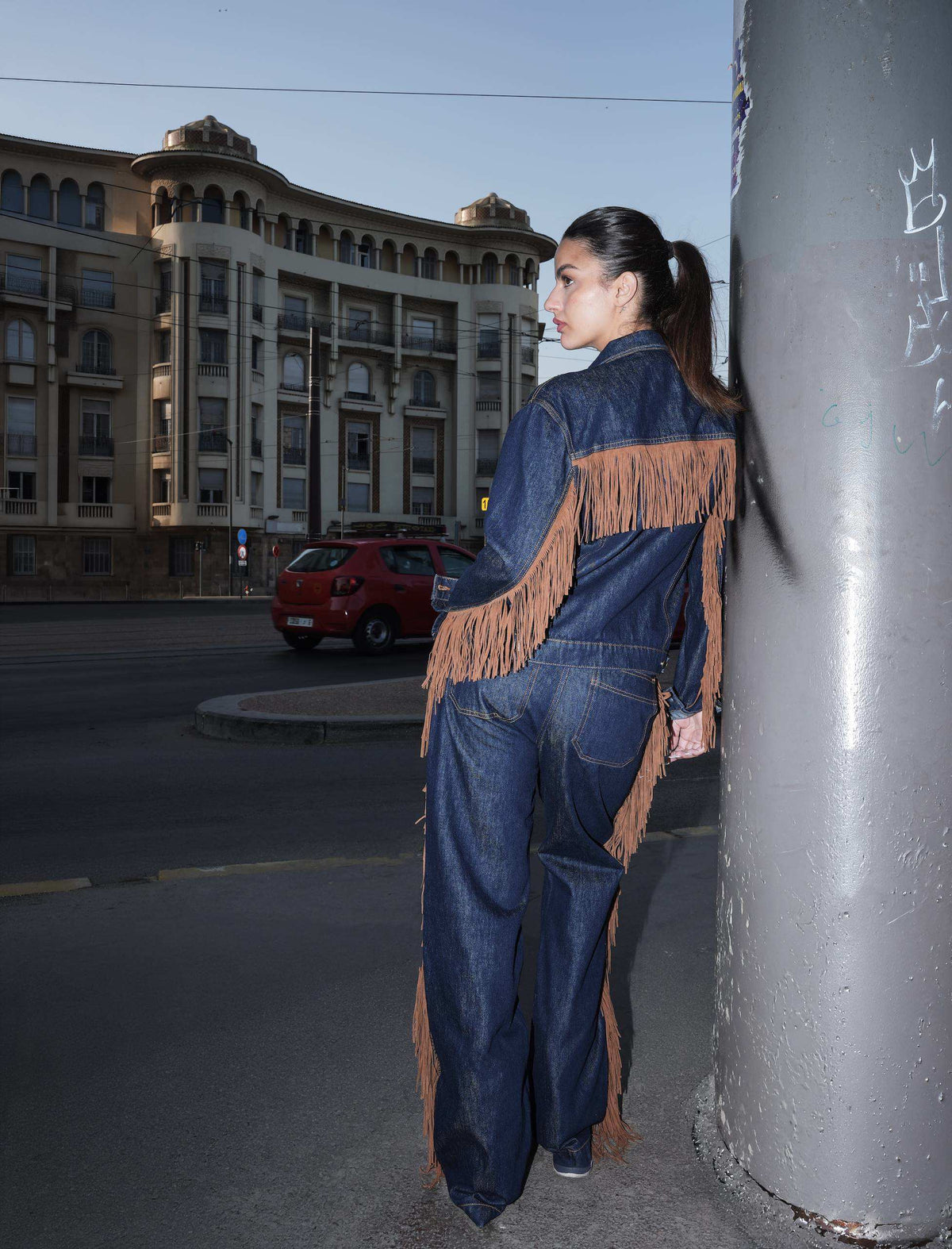 SOEUR &amp; FRÈRES - Dark Blue Denim Fringe Jacket with Western Detail, worn, buy at DOORS NYC