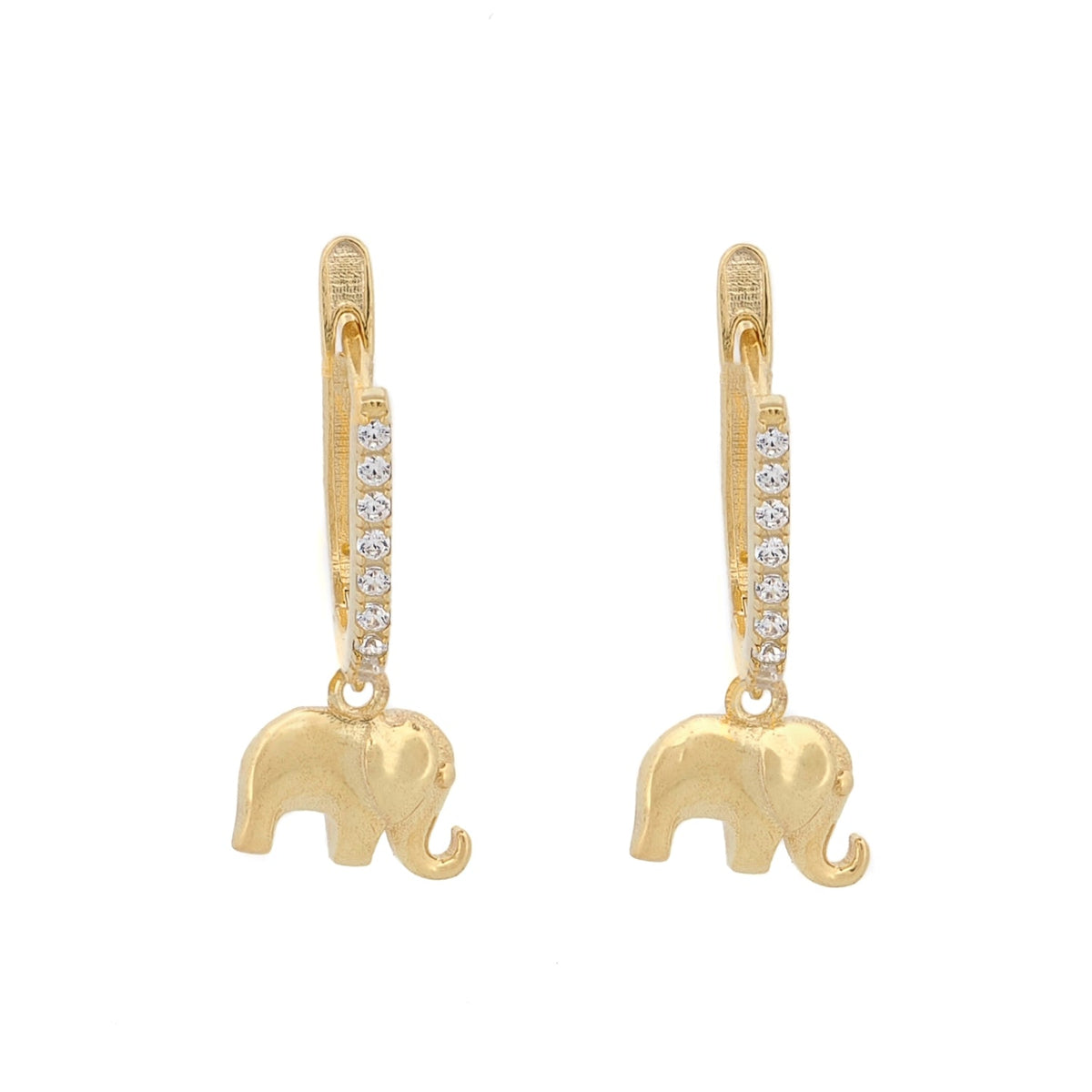 Dainty gold lucky elephant earrings with CZ diamonds on white background

