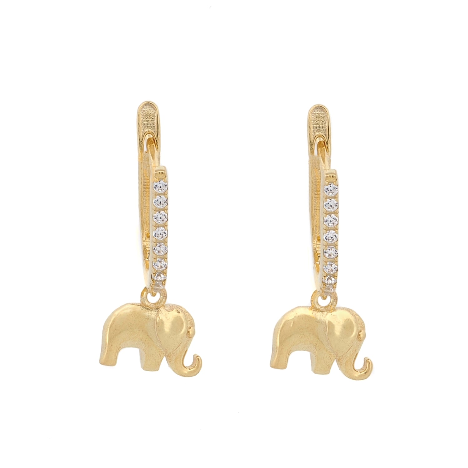 Dainty gold lucky elephant earrings with CZ diamonds on white background

