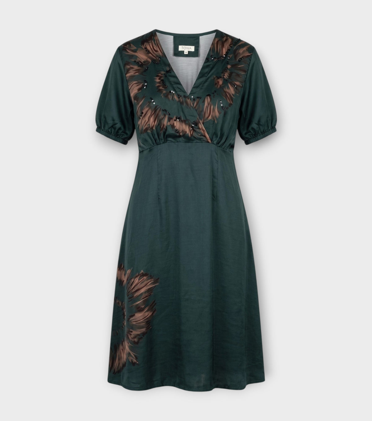 Dark Green Brown Embellished Wrap Midi Dress
