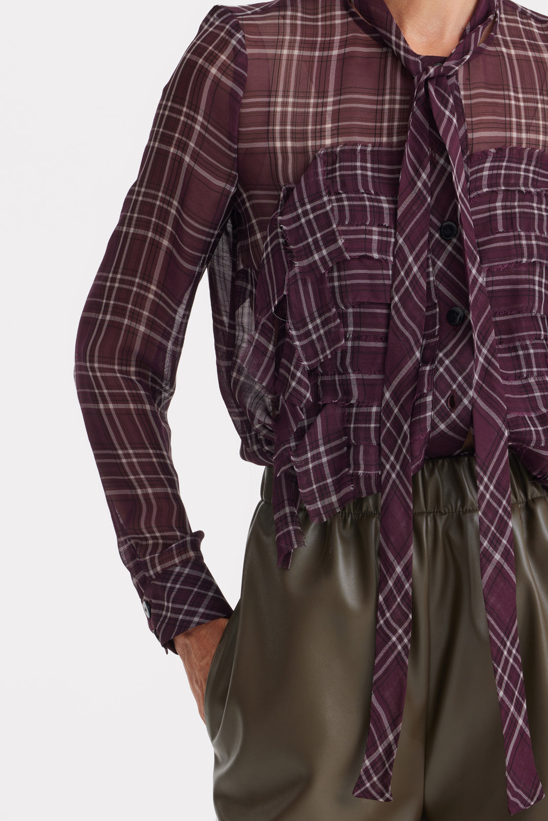 Designer Sheer Plaid Shiffon Shirt Burgundy