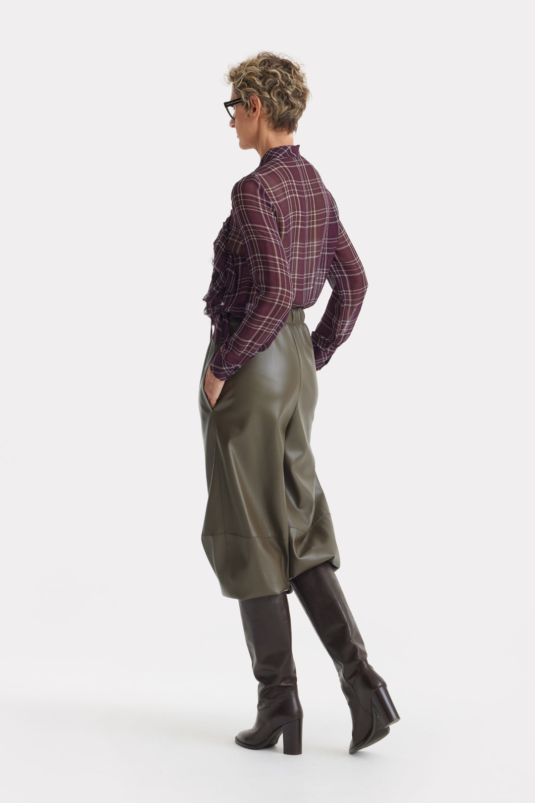 Designer Sheer Plaid Shiffon Shirt Burgundy