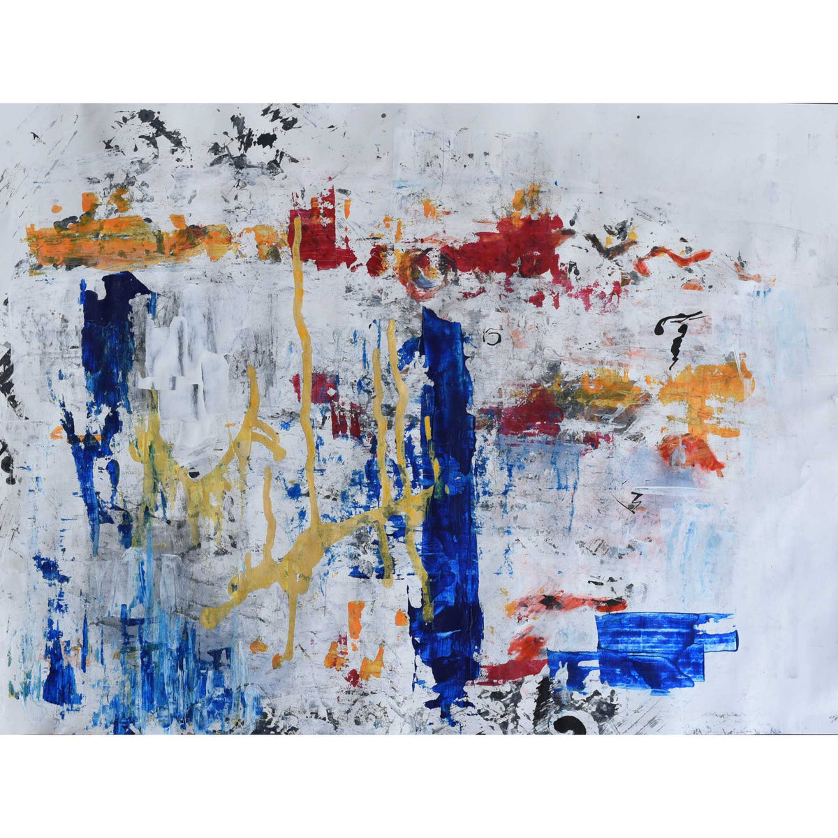 PATRICIA TUDOSA Details, abstract mixed media on paper in white, blue, yellow and red with scratches and ink marks, 18 x 24 in, buy contemporary art at DOORS NYC