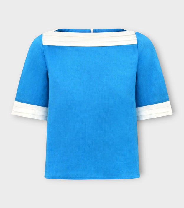 Turquoise Linen Boat Neck Top with White Trim