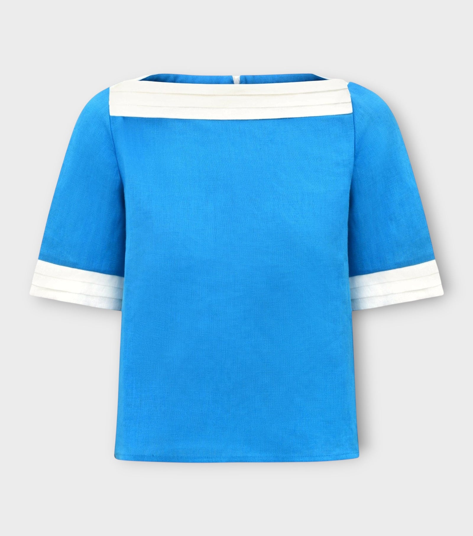 Turquoise Linen Boat Neck Top with White Trim