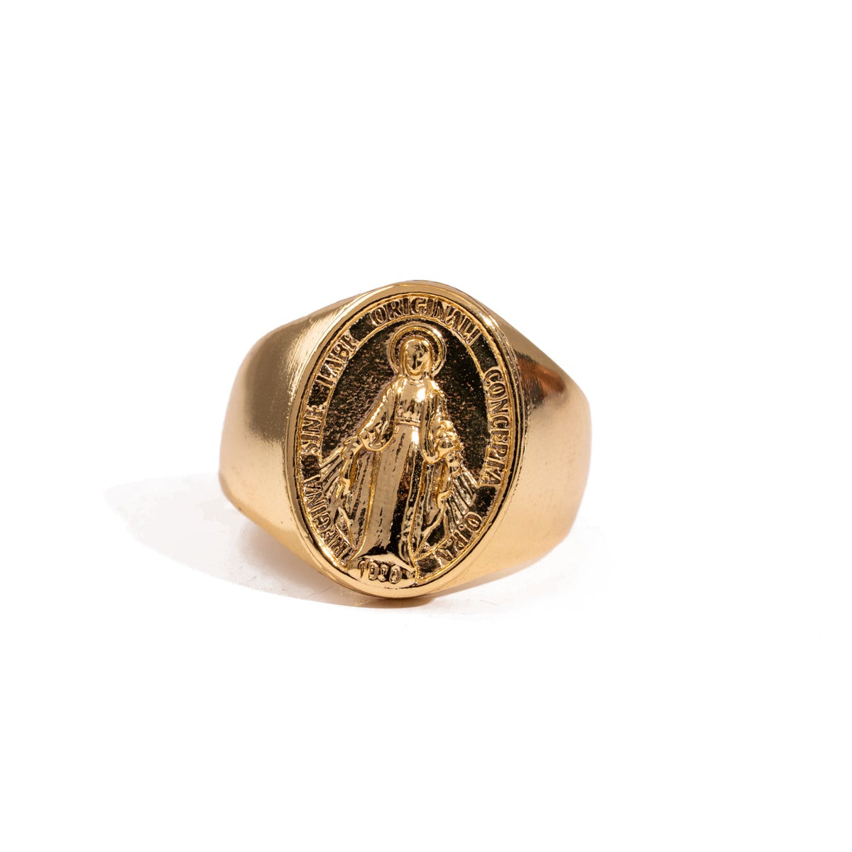 Gold vermeil Virgin Mary ring with oval medallion design and engraved holy figure detail.