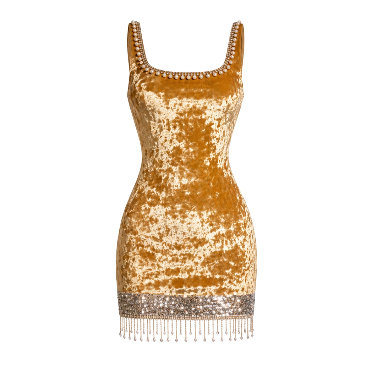 Mustard Velvet Pearl Mini Dress - ghost mannequin (updated)