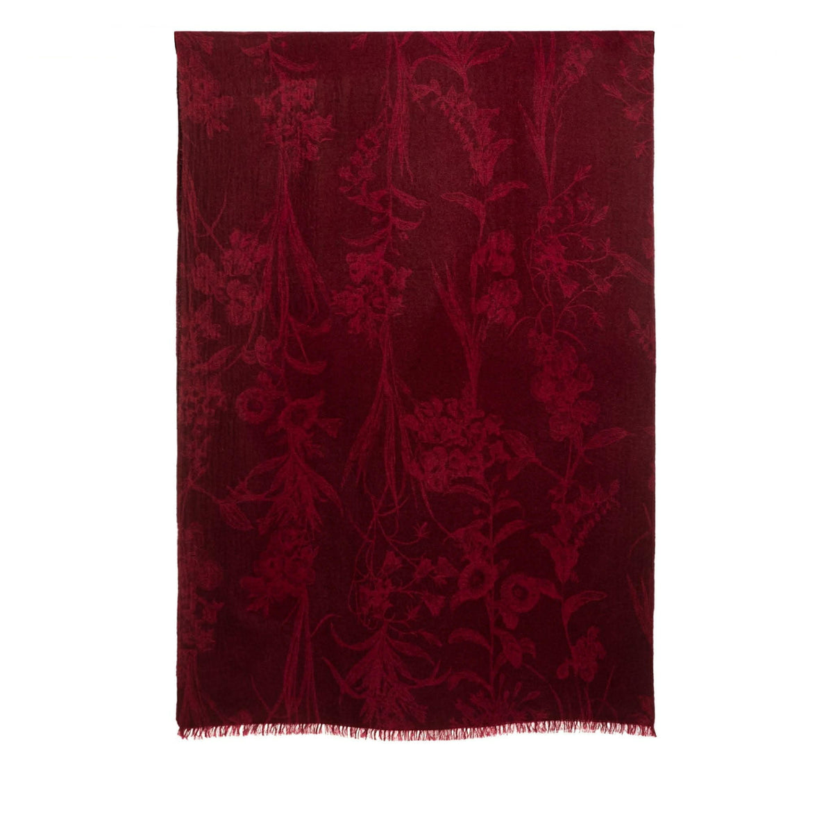 The Modern Flower Printed Woven Cashmere Scarf by OO-TO features a deep red floral design and short fringe, crafted from Himalayan cashmere. Displayed flat on a white background, it offers a touch of sustainable luxury.